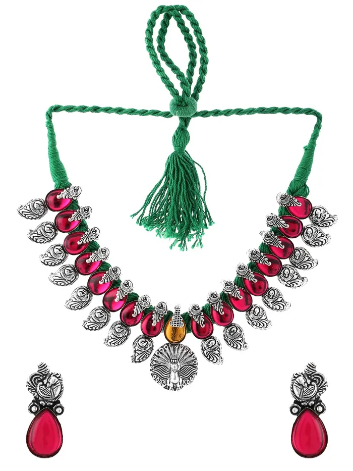 Bracelets Yellow Chimes Oxidised Jewellery Set for Women Authentic Kolhapuri Work Handmade Silver Peacock Pink Kundan Choker Necklace Sets for Women and Girls Yellow Chimes