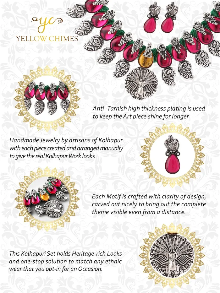 Bracelets Yellow Chimes Oxidised Jewellery Set for Women Authentic Kolhapuri Work Handmade Silver Peacock Pink Kundan Choker Necklace Sets for Women and Girls Yellow Chimes
