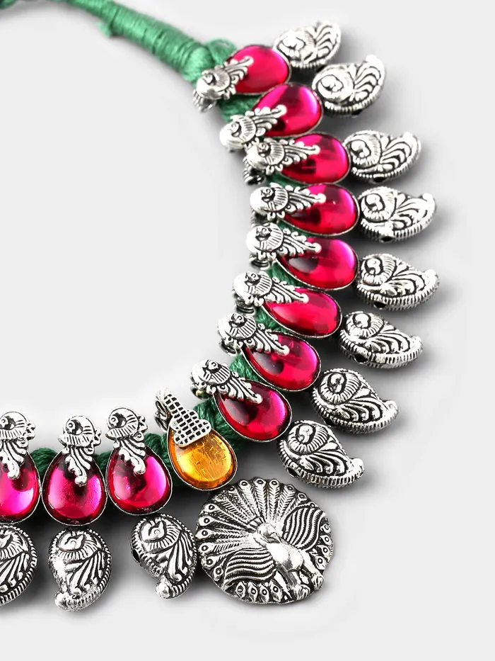 Bracelets Yellow Chimes Oxidised Jewellery Set for Women Authentic Kolhapuri Work Handmade Silver Peacock Pink Kundan Choker Necklace Sets for Women and Girls Yellow Chimes