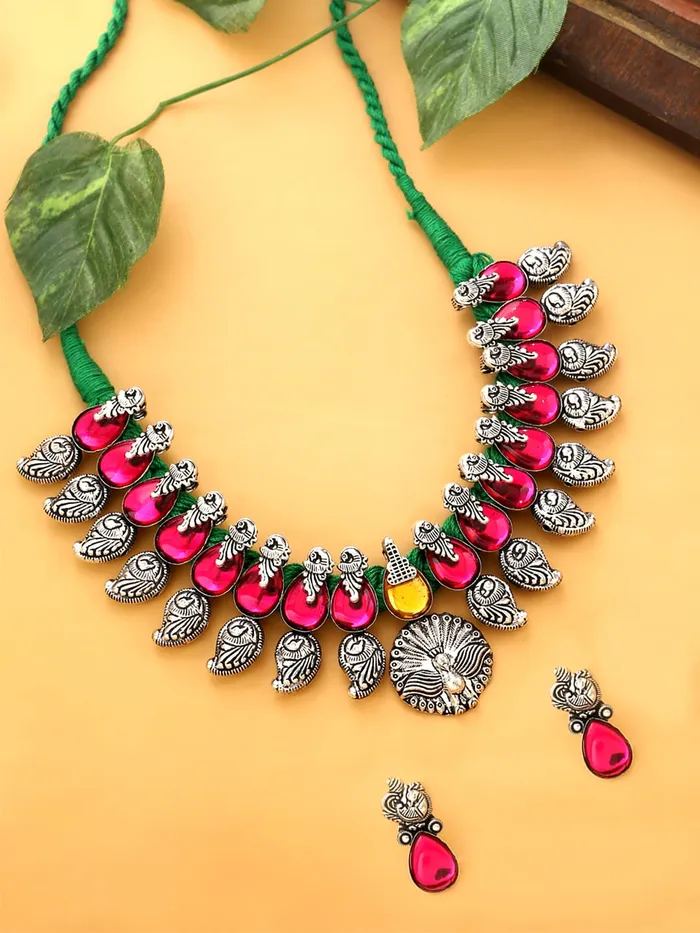 Bracelets Yellow Chimes Oxidised Jewellery Set for Women Authentic Kolhapuri Work Handmade Silver Peacock Pink Kundan Choker Necklace Sets for Women and Girls Yellow Chimes