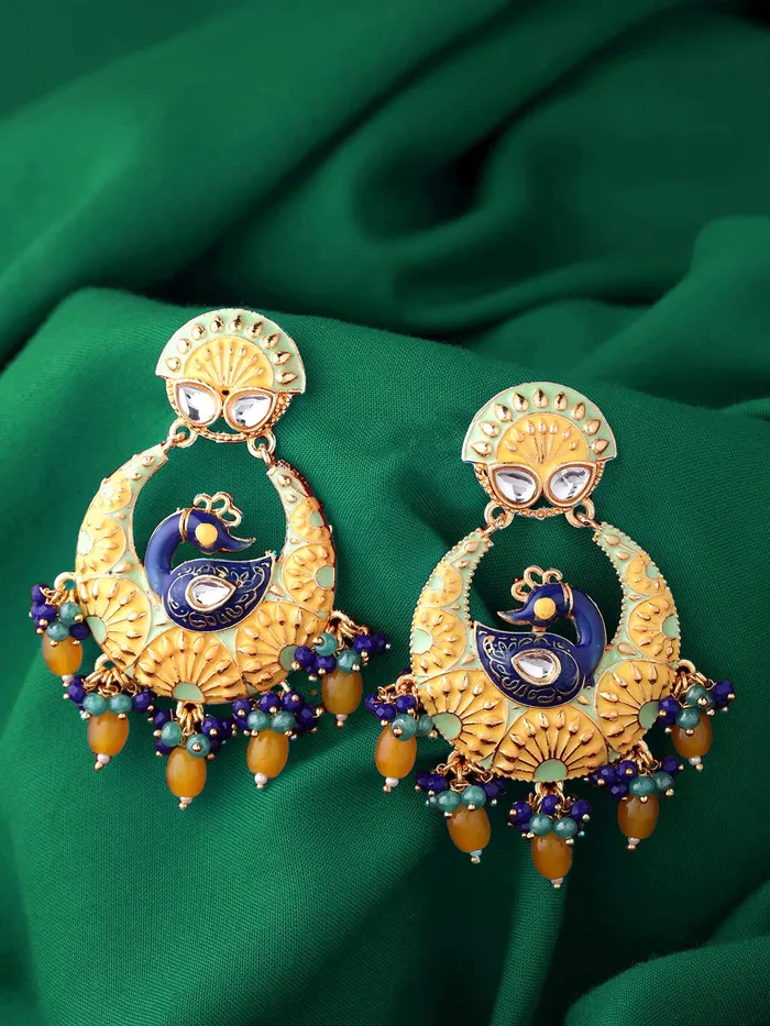 Bracelets Yellow Chimes Yellow Chimes Traditional Gold Toned Yellow Peacock Design Pearl Meenakari Chandbali Earrings for Women and Girls Medium YCTJER91MNKPCKYL