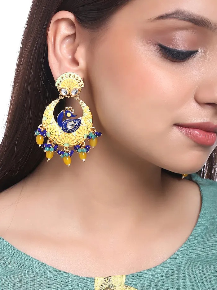 Bracelets Yellow Chimes Yellow Chimes Traditional Gold Toned Yellow Peacock Design Pearl Meenakari Chandbali Earrings for Women and Girls Medium YCTJER91MNKPCKYL