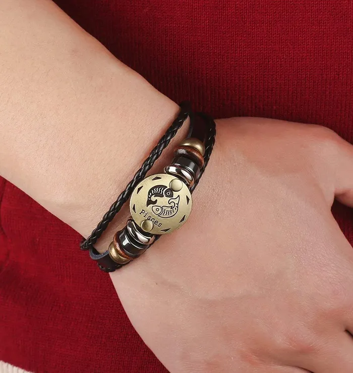 Bracelets Yellow Chimes Yellow Chimes Zodiac Sign Constellation Handmade Brown Leather Bracelet for Men and WomenUnisex Pisces