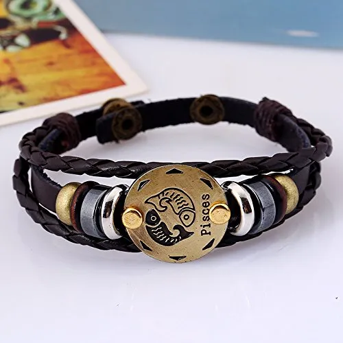 Bracelets Yellow Chimes Yellow Chimes Zodiac Sign Constellation Handmade Brown Leather Bracelet for Men and WomenUnisex Pisces