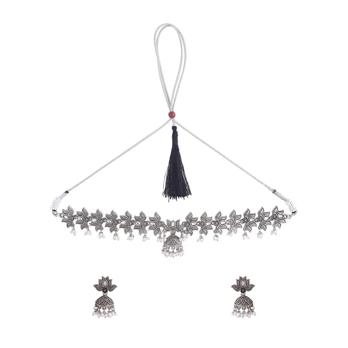Necklaces Yellow Chimes Yellow Chimes Jewellery Set for Women and Girls Traditional Silver Oxidised Jewellery Set Lotus Designed Oxidized Necklace Set Birthday Gift For Girls and Women Anniversary Gift for Wife