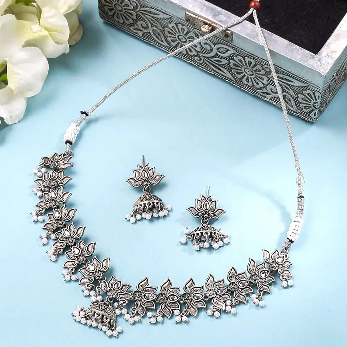 Necklaces Yellow Chimes Yellow Chimes Jewellery Set for Women and Girls Traditional Silver Oxidised Jewellery Set Lotus Designed Oxidized Necklace Set Birthday Gift For Girls and Women Anniversary Gift for Wife