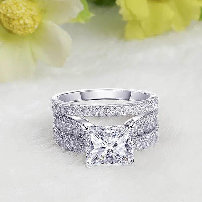 2PCS Princess Cut Sterling Silver Bridal Set in Sterling Silver Shineofdiamond Rings