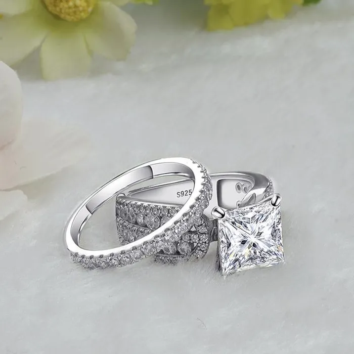 2PCS Princess Cut Sterling Silver Bridal Set in Sterling Silver Shineofdiamond Rings 2PCS Princess Cut Sterling Silver Bridal Set in Sterling Silver Shineofdiamond Rings