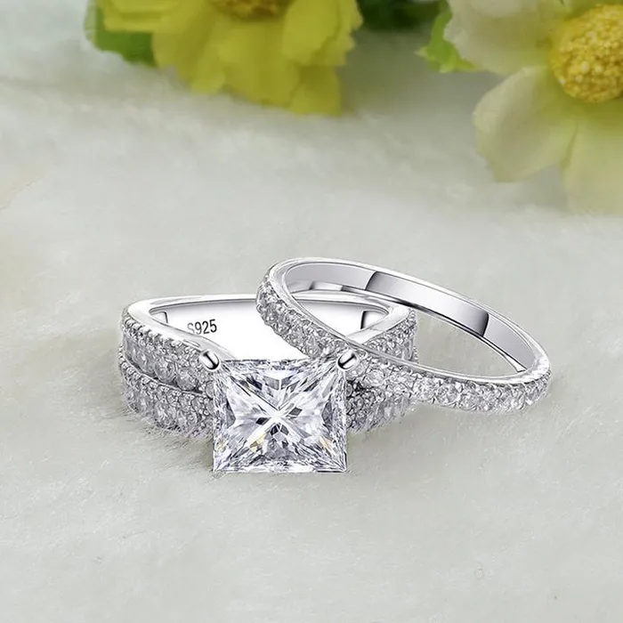 2PCS Princess Cut Sterling Silver Bridal Set in Sterling Silver Shineofdiamond Rings 2PCS Princess Cut Sterling Silver Bridal Set in Sterling Silver Shineofdiamond Rings