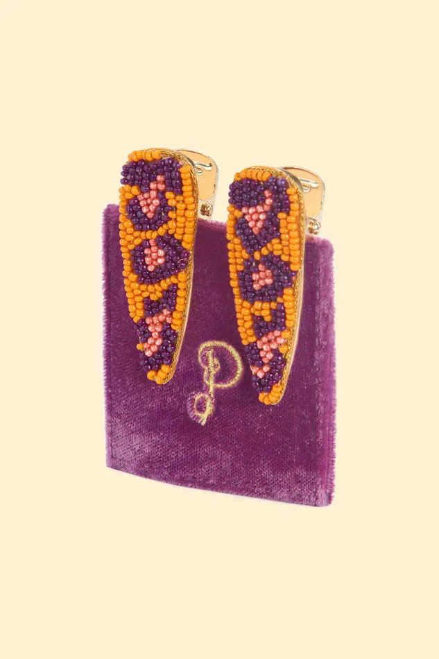 Beaded Hair Clips Set of 2 Leopard Bright Powder Design inc Earrings