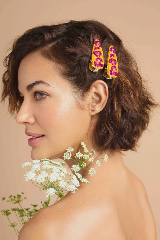 Beaded Hair Clips Set of 2 Leopard Bright Powder Design inc Earrings