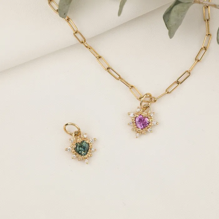 Envero Jewelry Earrings Halo Heart Sapphire Charm 14K Gold Envero Jewelry Earrings Halo Heart Sapphire Charm 14K Gold