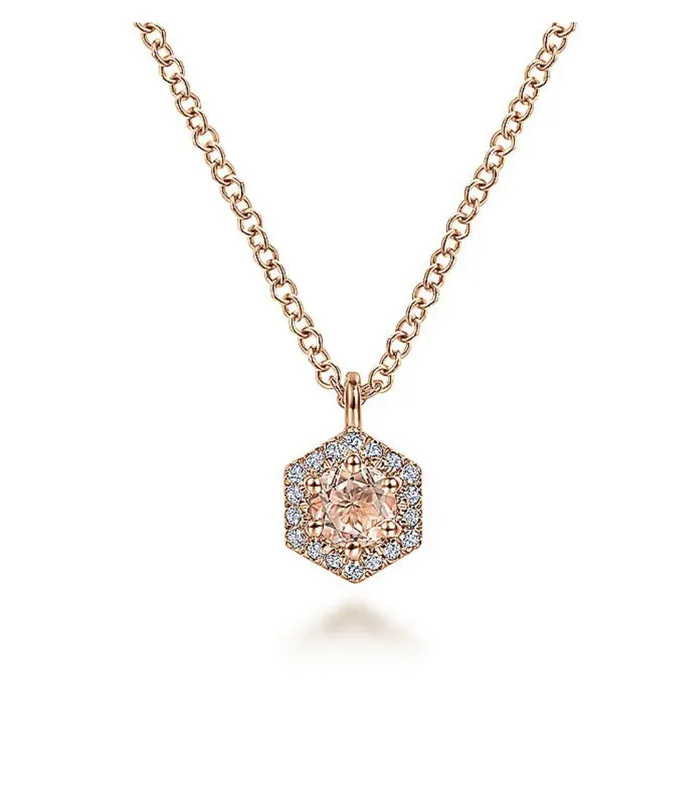 Gabriel Co14 K Rose Gold Hexagonal Halo Morganite and Diamond Pendant Necklace NK5446K45MO GABRIEL CO Necklaces Gabriel Co14 K Rose Gold Hexagonal Halo Morganite and Diamond Pendant Necklace NK5446K45MO GABRIEL CO Necklaces