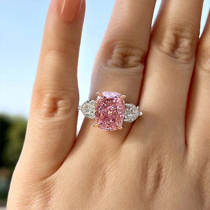 Rings Two Tone Cushion Cut Three Stone Pink Gemstone Sterling Silver Engagement Ring shineofdiamond