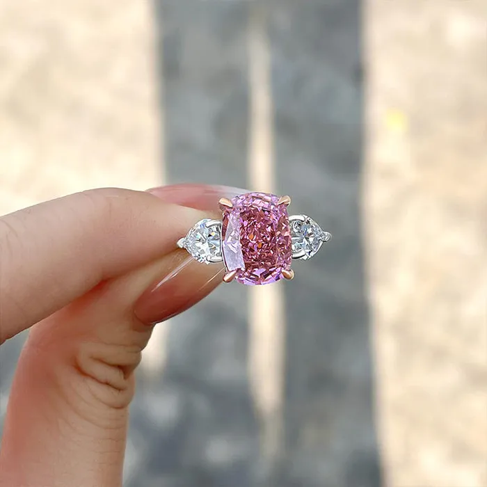 Rings Two Tone Cushion Cut Three Stone Pink Gemstone Sterling Silver Engagement Ring shineofdiamond