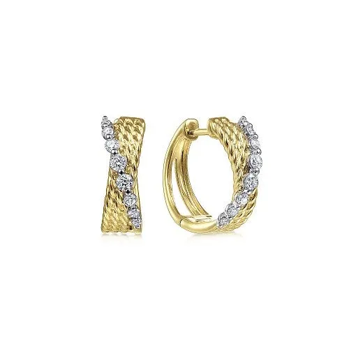 14K YellowWhite Gold Twisted 15mm Diamond Huggie Earrings GABRIEL CO Earrings 14K YellowWhite Gold Twisted 15mm Diamond Huggie Earrings GABRIEL CO Earrings