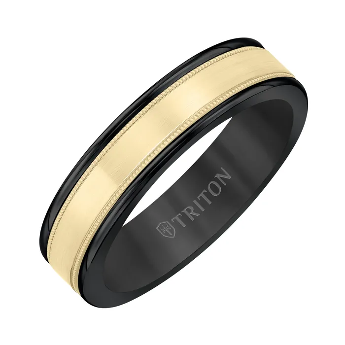 Black Tungsten Yellow Gold Mens Wedding Band FREDERICK GOLDMAN Rings