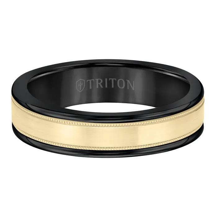 Black Tungsten Yellow Gold Mens Wedding Band FREDERICK GOLDMAN Rings
