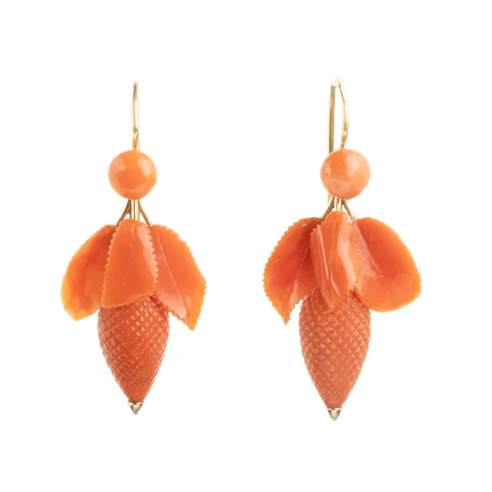 Earrings Bell Bird Antiques Victorian Era Carved Coral Earrings