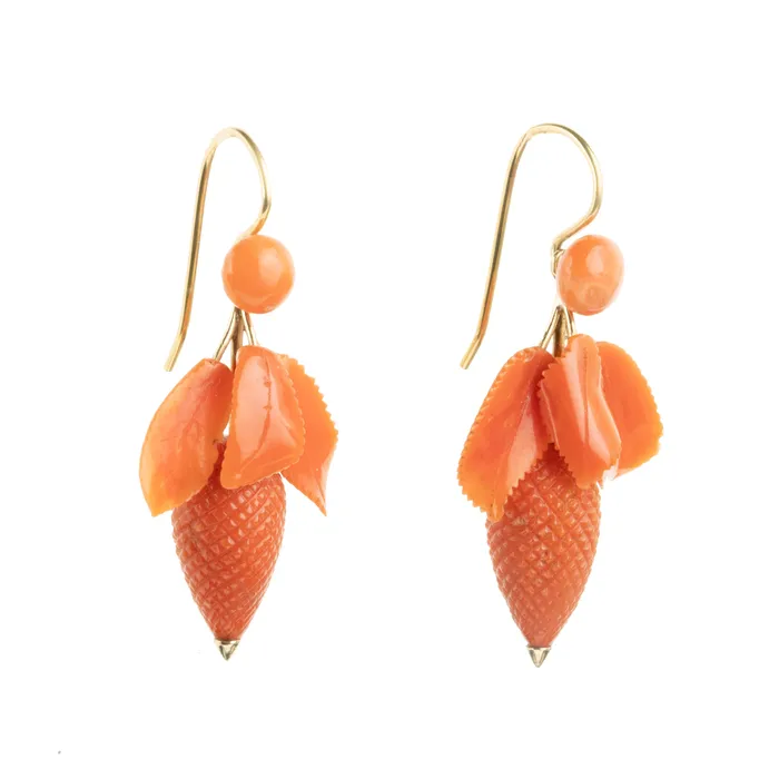 Earrings Bell Bird Antiques Victorian Era Carved Coral Earrings