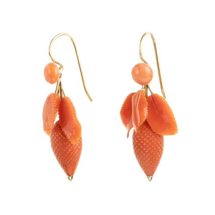 Earrings Bell Bird Antiques Victorian Era Carved Coral Earrings