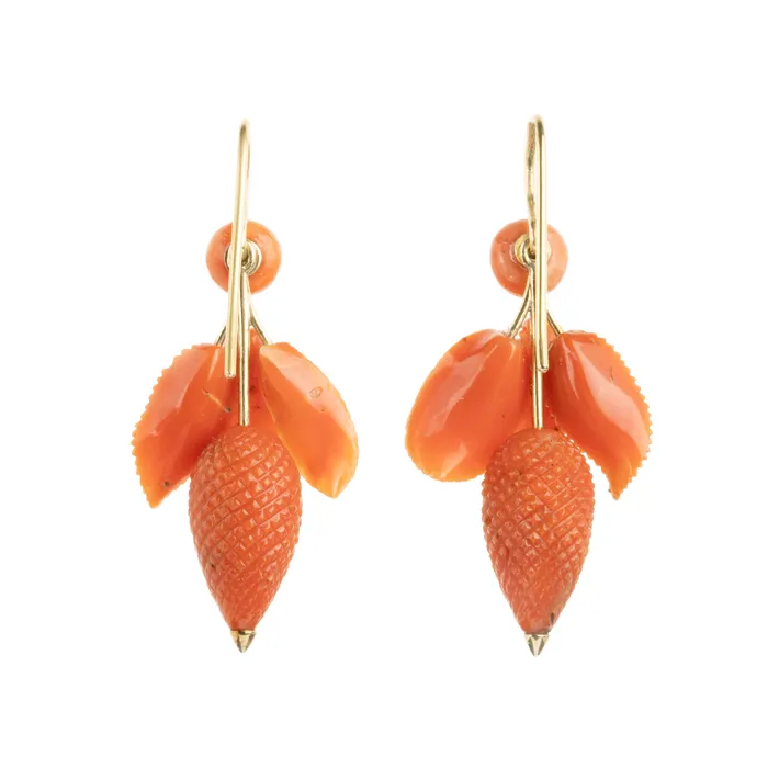 Earrings Bell Bird Antiques Victorian Era Carved Coral Earrings