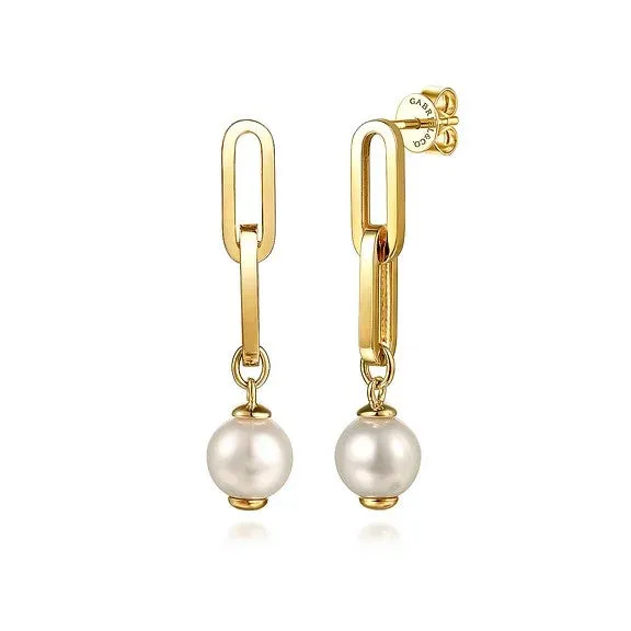 Earrings GABRIEL CO 14K Yellow Gold Pearl Stud Drop Link Earrings