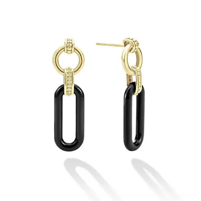 LAGOS Signature Caviar 18K Gold and Black Ceramic Link Drop Earrings Earrings