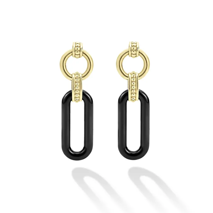 LAGOS Signature Caviar 18K Gold and Black Ceramic Link Drop Earrings Earrings