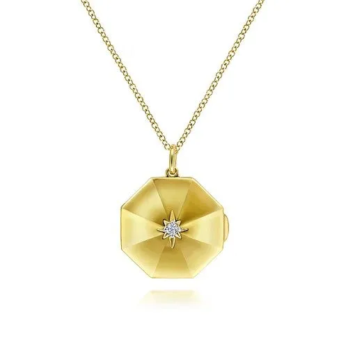 Necklaces 14K Yellow Gold Octagonal Locket Necklace with Diamond Star Center GABRIEL CO Necklaces 14K Yellow Gold Octagonal Locket Necklace with Diamond Star Center GABRIEL CO