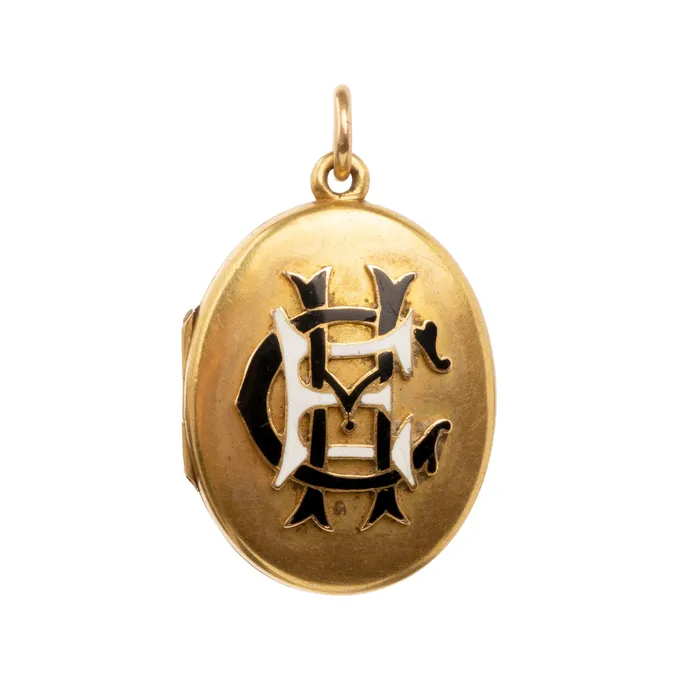 Necklaces Bell Bird Antiques Victorian era Enamel Monogram Locket