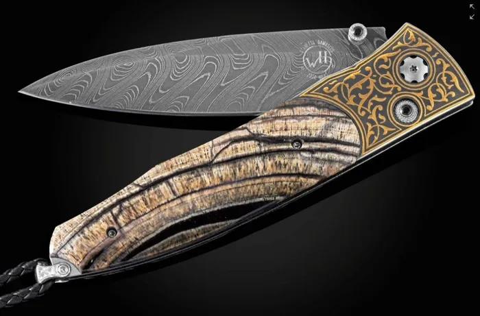 Necklaces WILLIAM HENRY LLC Golden Eye Folding knife with inlaid 24K gold fossil woolly mammoth tusk and damascus Necklaces WILLIAM HENRY LLC Golden Eye Folding knife with inlaid 24K gold fossil woolly mammoth tusk and damascus