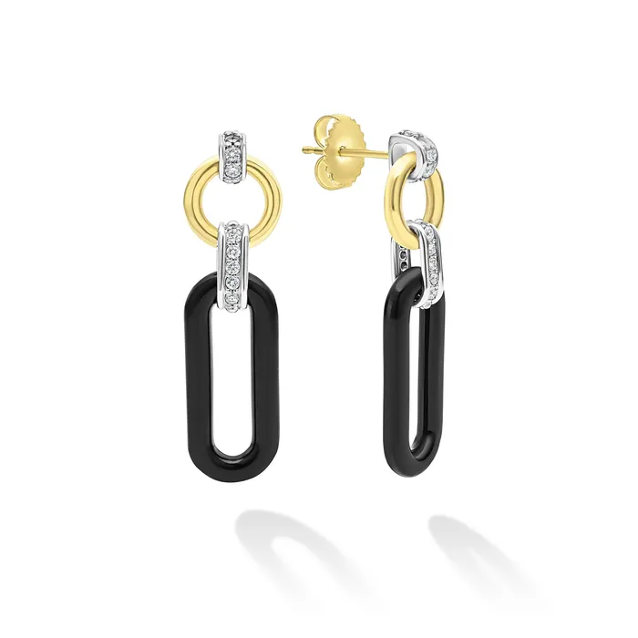 Signature Caviar 18K Gold and Black Ceramic Diamond Link Drop Earrings LAGOS Earrings Signature Caviar 18K Gold and Black Ceramic Diamond Link Drop Earrings LAGOS Earrings