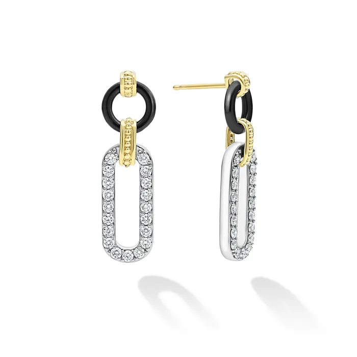 Signature Caviar 18K Gold and Black Ceramic Diamond Link Drop Earrings LAGOS Earrings