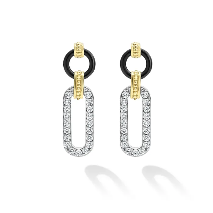 Signature Caviar 18K Gold and Black Ceramic Diamond Link Drop Earrings LAGOS Earrings