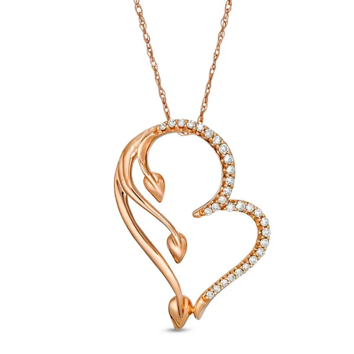 013 CT TW Natural Diamond Tilted Heart and Leaf Pendant in 10K Rose Gold Goldia Necklaces 013 CT TW Natural Diamond Tilted Heart and Leaf Pendant in 10K Rose Gold Goldia Necklaces