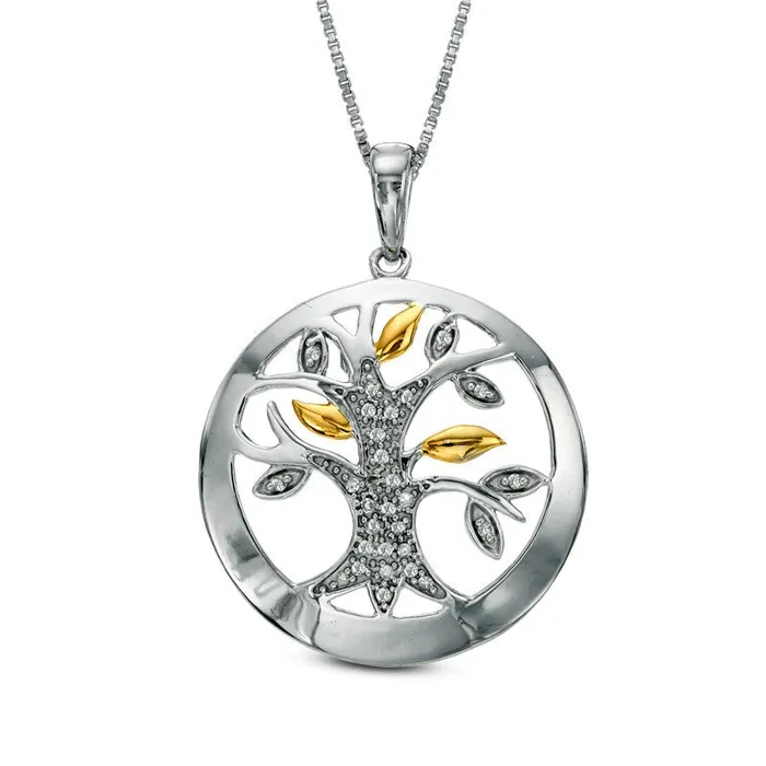 013 CT TW Natural Diamond Tree of Life Pendant in Sterling Silver and 14K Gold Plate Goldia Necklaces 013 CT TW Natural Diamond Tree of Life Pendant in Sterling Silver and 14K Gold Plate Goldia Necklaces