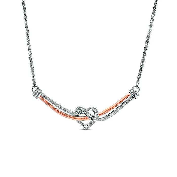017 CT TW Natural Diamond Love Knot Heart Curved Bar Necklace in Sterling Silver and 10K Rose Gold 1637 Goldia Necklaces 017 CT TW Natural Diamond Love Knot Heart Curved Bar Necklace in Sterling Silver and 10K Rose Gold 1637 Goldia Necklaces