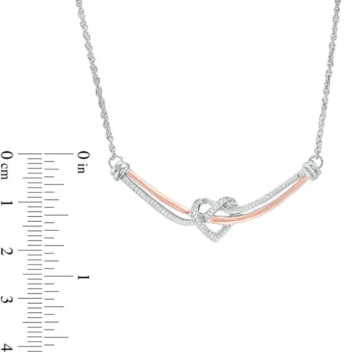 017 CT TW Natural Diamond Love Knot Heart Curved Bar Necklace in Sterling Silver and 10K Rose Gold 1637 Goldia Necklaces 017 CT TW Natural Diamond Love Knot Heart Curved Bar Necklace in Sterling Silver and 10K Rose Gold 1637 Goldia Necklaces
