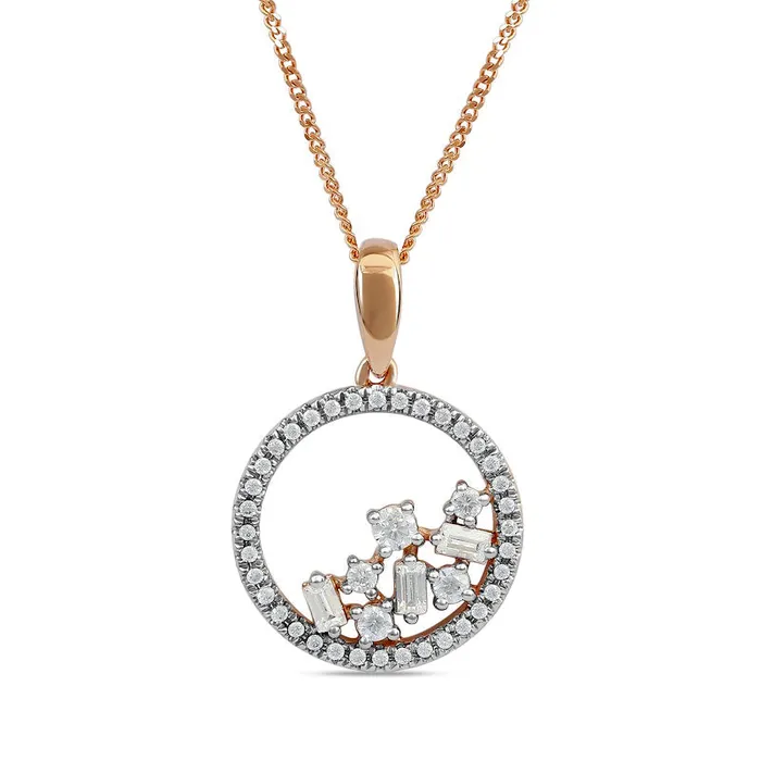 033 CT TW Baguette and Round Natural Diamond Scatter Circle Pendant in 10K Rose Gold Goldia Necklaces 033 CT TW Baguette and Round Natural Diamond Scatter Circle Pendant in 10K Rose Gold Goldia Necklaces