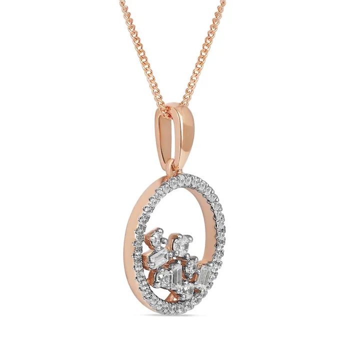 033 CT TW Baguette and Round Natural Diamond Scatter Circle Pendant in 10K Rose Gold Goldia Necklaces 033 CT TW Baguette and Round Natural Diamond Scatter Circle Pendant in 10K Rose Gold Goldia Necklaces