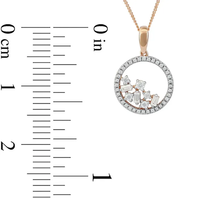 033 CT TW Baguette and Round Natural Diamond Scatter Circle Pendant in 10K Rose Gold Goldia Necklaces 033 CT TW Baguette and Round Natural Diamond Scatter Circle Pendant in 10K Rose Gold Goldia Necklaces
