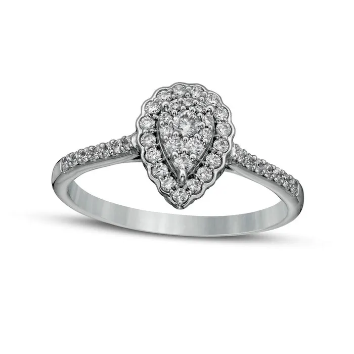 033 CT TW Composite PearShaped Natural Diamond Scallop Frame Engagement Ring in Solid 10K White Gold Goldia Rings 033 CT TW Composite PearShaped Natural Diamond Scallop Frame Engagement Ring in Solid 10K White Gold Goldia Rings