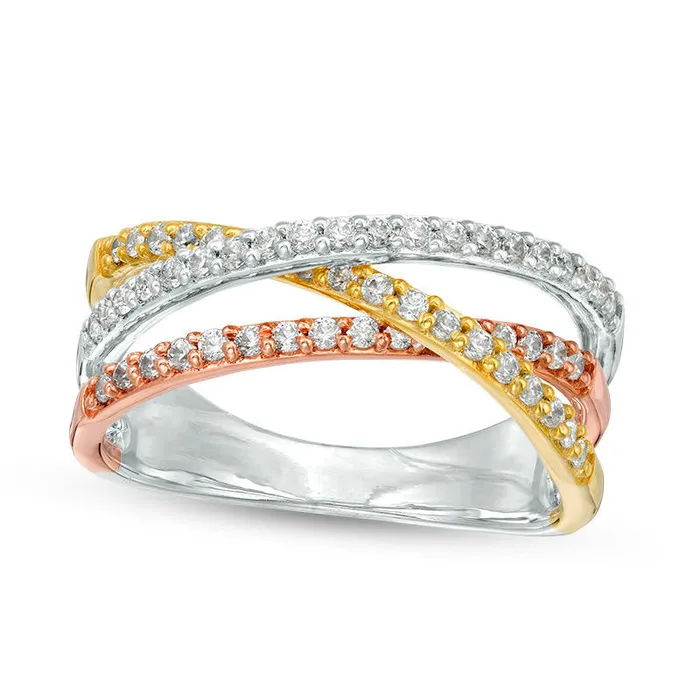 038 CT TW Natural Diamond Triple Row CrissCross Ring in Solid 10K TriTone Gold Goldia Rings 038 CT TW Natural Diamond Triple Row CrissCross Ring in Solid 10K TriTone Gold Goldia Rings