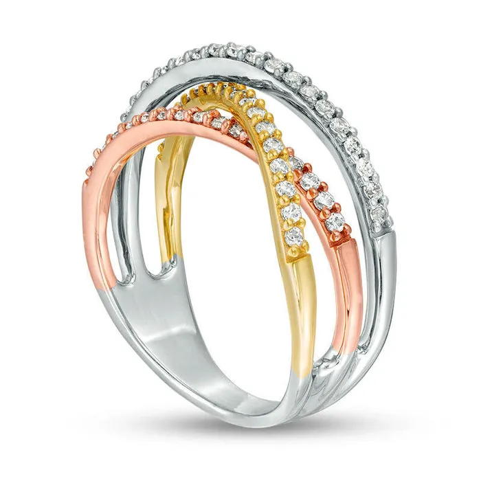 038 CT TW Natural Diamond Triple Row CrissCross Ring in Solid 10K TriTone Gold Goldia Rings 038 CT TW Natural Diamond Triple Row CrissCross Ring in Solid 10K TriTone Gold Goldia Rings