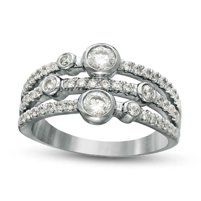 075 CT TW Natural Diamond BezelSet Triple Row Ring in Solid 10K White Gold Goldia Rings 075 CT TW Natural Diamond BezelSet Triple Row Ring in Solid 10K White Gold Goldia Rings