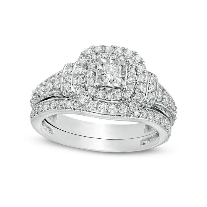10 CT TW PrincessCut Natural Diamond Double Frame Collar Antique VintageStyle Bridal Engagement Ring Set in Solid 10K White Gold Goldia Rings 10 CT TW PrincessCut Natural Diamond Double Frame Collar Antique VintageStyle Bridal Engagement Ring Set in Solid 10K White Gold Goldia Rings