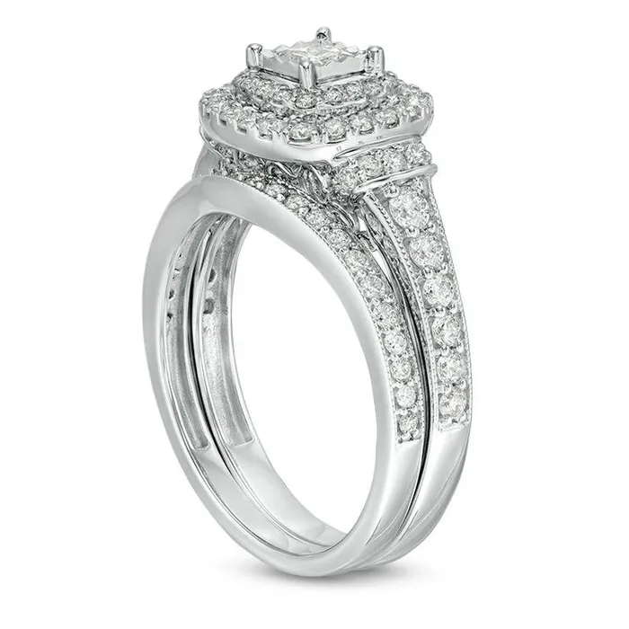 10 CT TW PrincessCut Natural Diamond Double Frame Collar Antique VintageStyle Bridal Engagement Ring Set in Solid 10K White Gold Goldia Rings 10 CT TW PrincessCut Natural Diamond Double Frame Collar Antique VintageStyle Bridal Engagement Ring Set in Solid 10K White Gold Goldia Rings