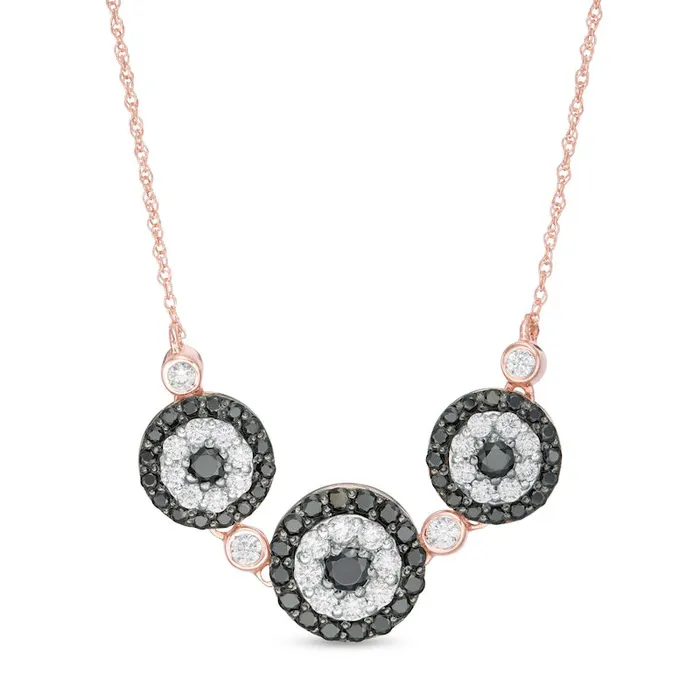 125 CT TW Enhanced Black and White Natural Diamond Double Frame Triple Circle Necklace in 10K Rose Gold Goldia Necklaces 125 CT TW Enhanced Black and White Natural Diamond Double Frame Triple Circle Necklace in 10K Rose Gold Goldia Necklaces