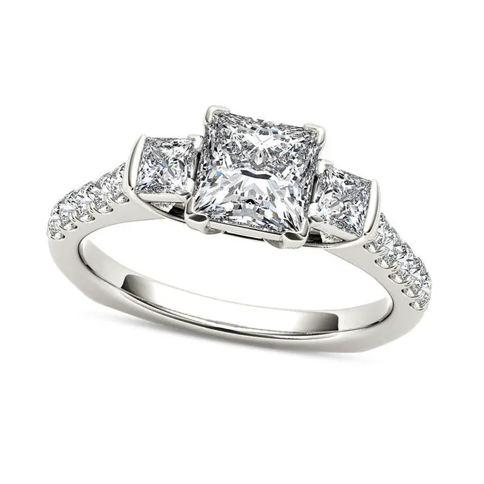 15 CT TW PrincessCut Natural Diamond Three Stone Engagement Ring in Solid 14K White Gold Goldia Rings
